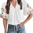 Women's Casual Floral Embroidered V Neck Boho Short Puff Sleeve Mexican Shirts Loose Summer Blouses Tops 2026 White S