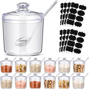 Tioncy 12 Pcs Ice Cream Bar Supplies Sugar Bowls with Lid and Spoon Acrylic Candy Dispenser Party Bar Hot Cocoa Sundae Caramel Apple Dipping Container with Tag (13 oz,Clear)