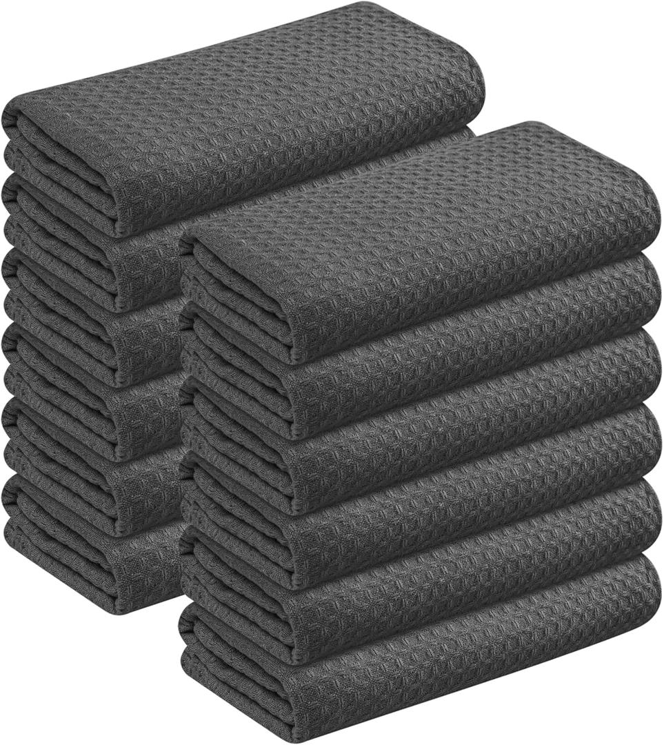 Gray Kitchen Towels Waffle Weave, 100% Cotton, Soft & Absorbent, Fast Dry, Durable, 16x26 Inches, Perfect for Dish Drying, Bar, Cleaning, and Everyday Use, Set of 12, Grey