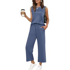 WIHOLL Two Piece Set for Women Dressy Casual Wide Leg Pants Summer Vacation Lounge Sets Travel Airport Fashion Outfits Trending Matching Sweat Set Blue Large