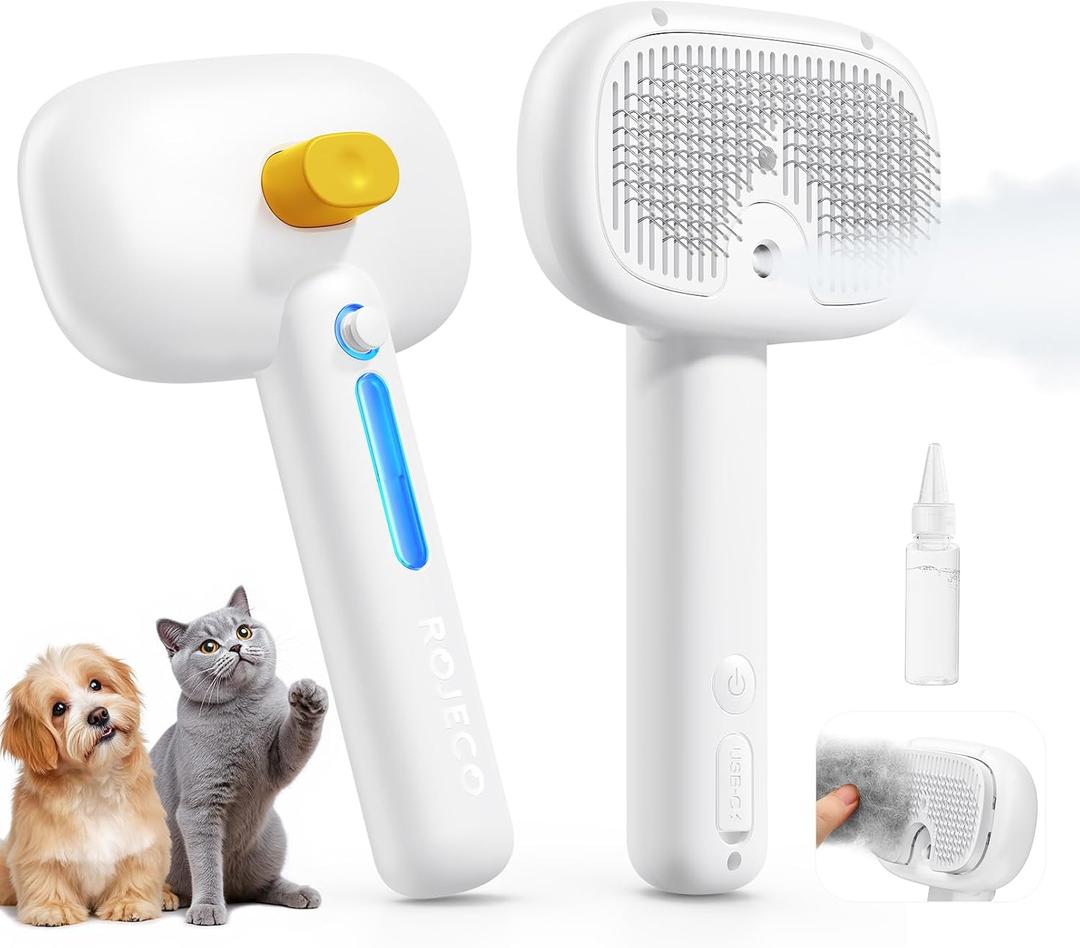 ROJECO 3-in-1 Steam Cat Brush for Short/Long haired Cats, Pet Cat Hair Remover Grooming Brush with Large Water Tank, Rechargeable Comb to Remove Shedding Fur, Includes Massage for Kittens