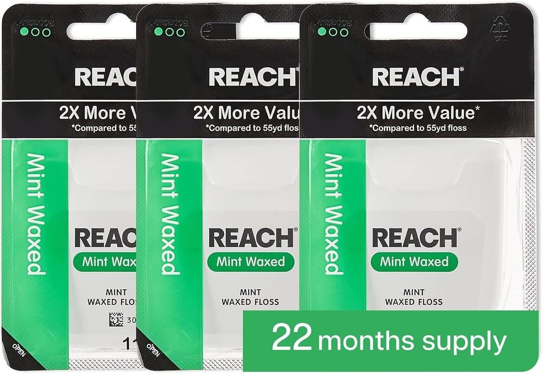 REACH Waxed Dental Floss, 2X More Value, Plaque Remover for Teeth, Shred Resistant, Floss Slides Smoothly, Easy to Use, Waxed, for Adults & Kids, Oral Care, PFAS Free, 3 Pack, 115 yd, Mint