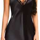Avidlove Women Lingerie Satin Lace Chemise Nightgown Sexy Full Slips Sleepwear S-4XL (Black, M)
