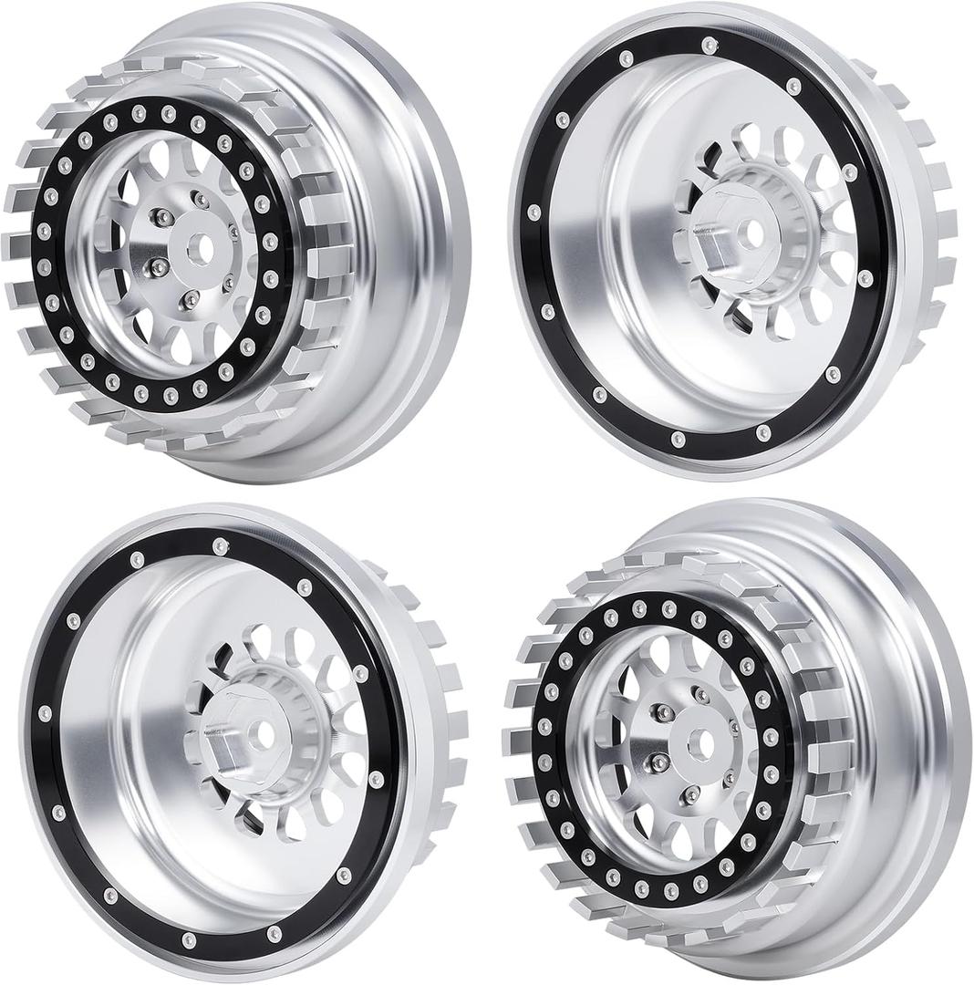 QUE-T Aluminium Beadlock Wheels for 1/7 Unlimited Desert Racer UDR Wheel Hubs,Pack of 4,Suit for Tires 101063-00 Only (Silver & Black)