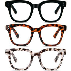 3 Pack Oversized Reading Glasses for Women Men with round Frame Fashion Blue Light Blocking Computer Readers (1.5, Black/Brown Leopard/Grey Leopard)