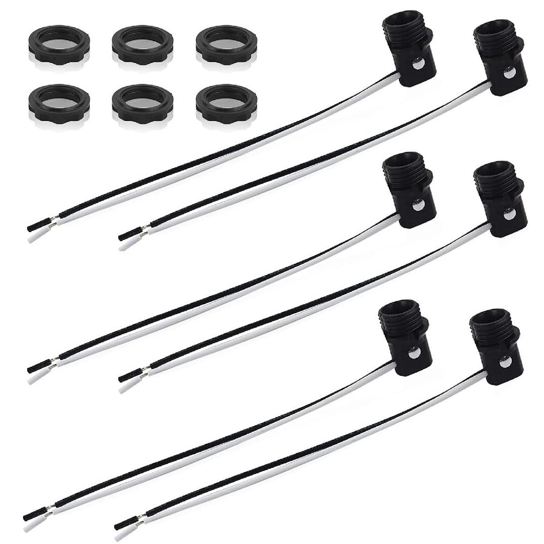 LP1970 Phenolic Candelabra Socket, Light Socket, E12 Socket Light, Bulb Socket, E12 Lamp Socket with 1.25 Inch Shoulder Screw Ring, 6 Inch Wire Leads, 6Pcs