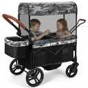 ELEMARA All-Terrain Stroller Wagon for 2 Kids, Foldable Kids Wagon Stroller Includes Removable Canopy, Mosquito net, Adjustable Push Pull Handle, Snack Tray & Cup Holders, Storage Basket, Black + White