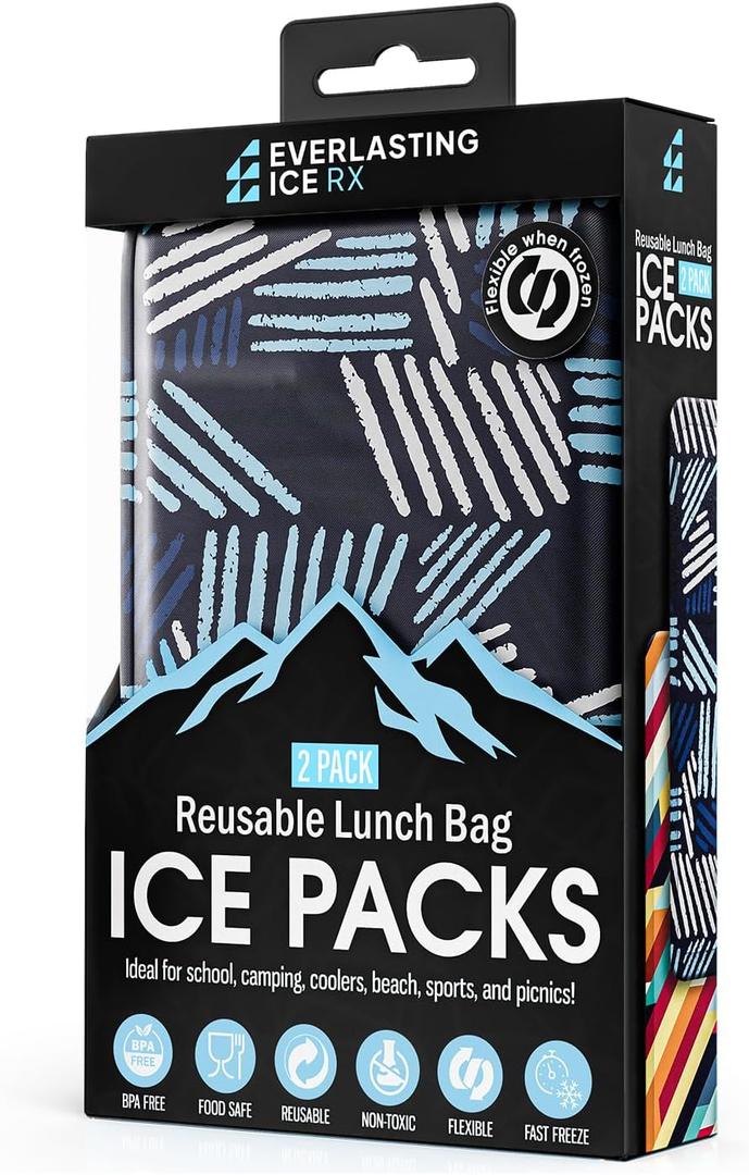 Everlasting Ice RX Reusable Ice Packs for Lunch Boxes & Coolers (2 Pack) Flexible, Long-Lasting, BPA Free, Versatile Soft Ice Pack for Insulated Bags, Picnic, Travel and More