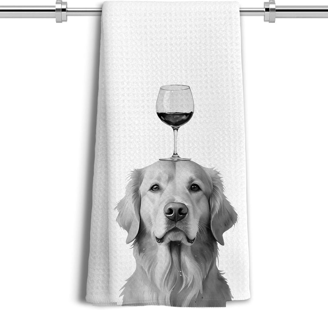 2 x Funny Golden Retriever Wine Kitchen Towels, Golden Retriever Mom Gifts Dish Tea Towels for Kitchen Decor, Dog Lovers Mom Gifts Hand Towels, 16x24 Inches