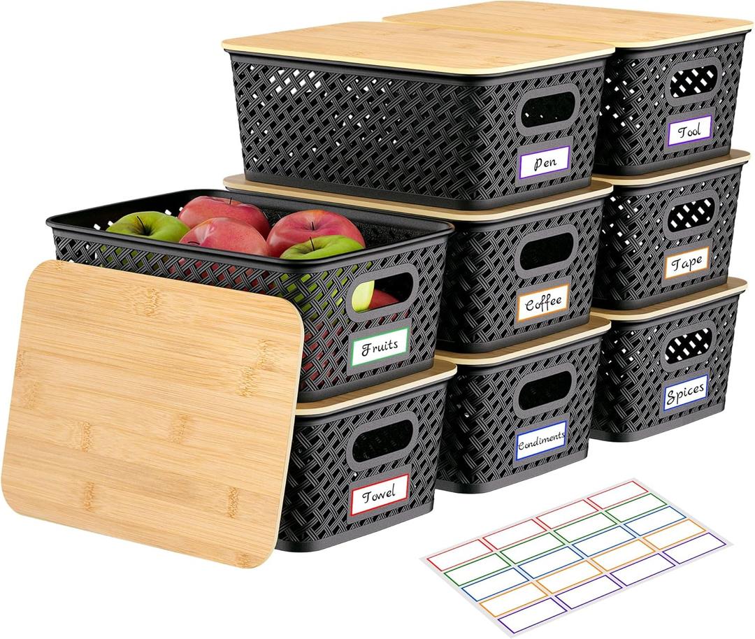 Anysig 8 Packs Plastic Storage Bins with Bamboo Lids  Stackable Storage Bins Decorative Small Basket Containers for Organizing Shelves Office Classroom Desktop Closet, Black