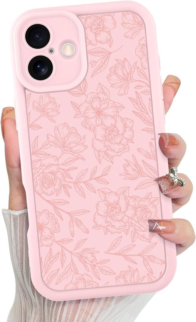 MZELQ for iPhone 16 Case, Silicone Floral Flower Cute Pattern, Camera Protection Soft Slim Shockproof for Girls Women -Pink