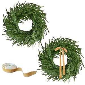 24 Inch Real Touch 2 Pcs Norfolk Pine Wreath Christmas Decorations for Front Door, Artificial Plants Green Christmas Wreath with Lights Home Decor, Xmas Decor for Mantel Wall Holiday Winter Decor