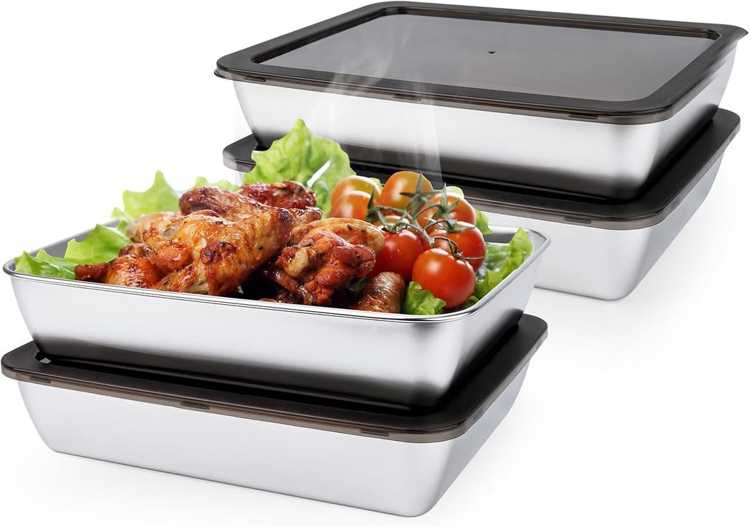 4 PCS Stainless Steel Food Storage Containers with lids,2.16 Inch Deep, 8x10 Inch Stainless Steel Oven plate, Metal Roasting Pan for Meal PrepMeat, Rustproof & Heavy, Freezer & Dishwasher Safe