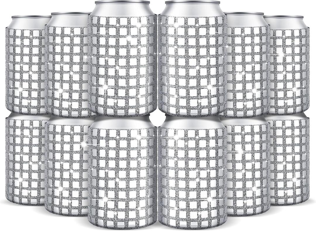 12 Pcs Disco Party Supplies Disco Ball Can Cooler Sleeves Retro 70s 80s Theme 12 oz Bling Beer Can Sleeves for 70s Birthday Wedding Bachelorette Party Decorations