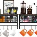 Helsin Industrial Wall Mounted Metal Wood Floating Shelves with Baskets Hooks Hanging Display Shelf Sundries Holder for Coffee Bar Kitchen Bathroom Organization and Home Decor, Black (16inch, 2 Sets)