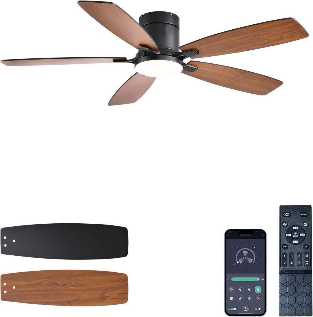 Ceiling Fans with Lights, 52 inch Low Profile Ceiling Fan with Light and Remote Control, Flush Mount, LED Dimmable DC Reversible Modern Ceiling Fan for Bedroom (Brown)