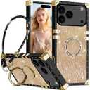 Fofvccv for iPhone 17 Pro Case Glitter Water Ripple with Ring Kickstand & Wrist Strap, Sparkly Luxury Bling Case for Women Girls Shockproof Protective Cover for iPhone 17 Pro  SBW Gold