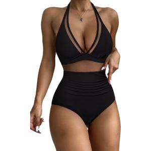 RXRXCOCO Women Sexy V Neck Mesh One Piece Bathing Suit Halter Push Up Tummy Control Swimsuit Swimwear S