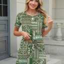 TCOT Pajamas for Women Set Summer Fashion Short Sleeve Crewneck Tops with Skirt Sets Pajama Casual Loungewear (Green, M)