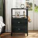 Furologee Nightstands Set 2, Night Stand with 2 Fabric Drawers, Bedside Tables with Open Shelf, Wooden Top, Hooks, Backboard Design, Metal Frame, End Tables for Bedroom/Living Room/Study/Black Oak