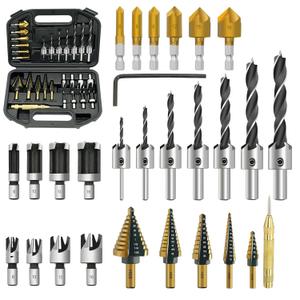 28Pcs Woodworking Chamfer Drilling Tools-Countersink Bit, Step Drill Bit Set, Wood Plug Cutter Drill Bit Set (2 Styles), 5-Flute Countersink Drill Bit, Positioning Punch and 1pc Hex Wrench