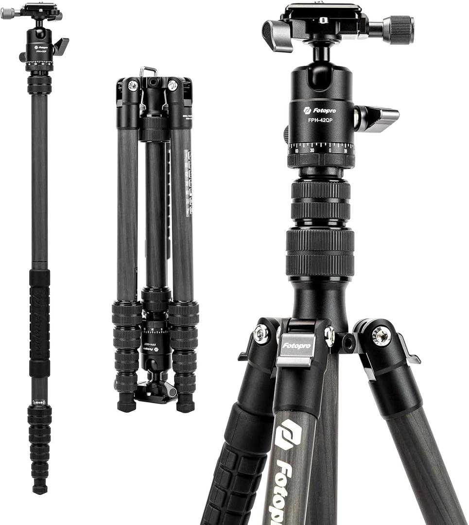 Fotopro 62" Carbon Fiber Travel Tripod, Lightweight Compact Camera Tripod with Ball Head and Arca-Swiss Quick Release Plate, Detachable Monopod, Carry Bag, Load up to 8KG/17.63lbs, Weighs only 2lbs. (Black)