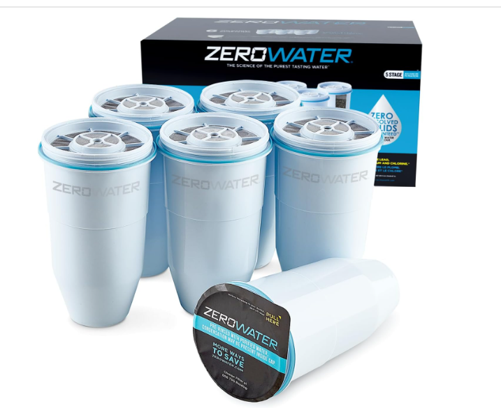 ZeroWater Official Replacement Filter - 5-Stage 0 TDS Filter Replacement - System IAPMO Certified to Reduce Lead, Chromium, and PFOA/PFOS, 6 Pack