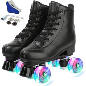 Jessie PU Leather Roller Skates - Adjustable Four-Wheel Premium Skates for Women, Men, Boys & Girls (Black Wheels, Women's 6/Youth 5)
