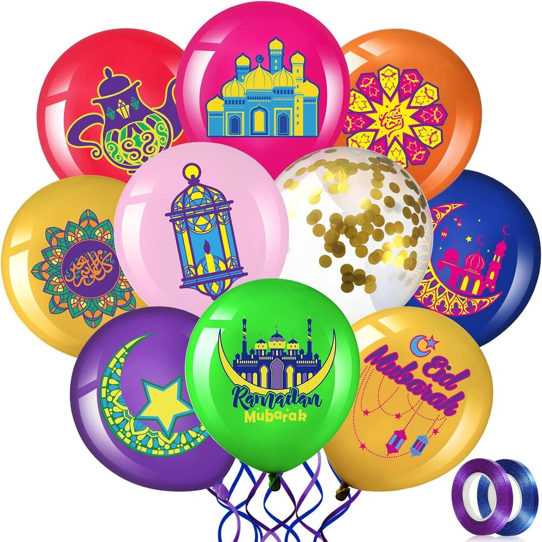 60 Pcs Ramadan Mubarak Balloons Eid Mubarak Party Decor Gold Confetti Balloon Muslim Festive Print Theme Latex Set with 2pcs Ribbon for Islamic Happy Eid Al-fitr Decor 12 Inches(Colorful)