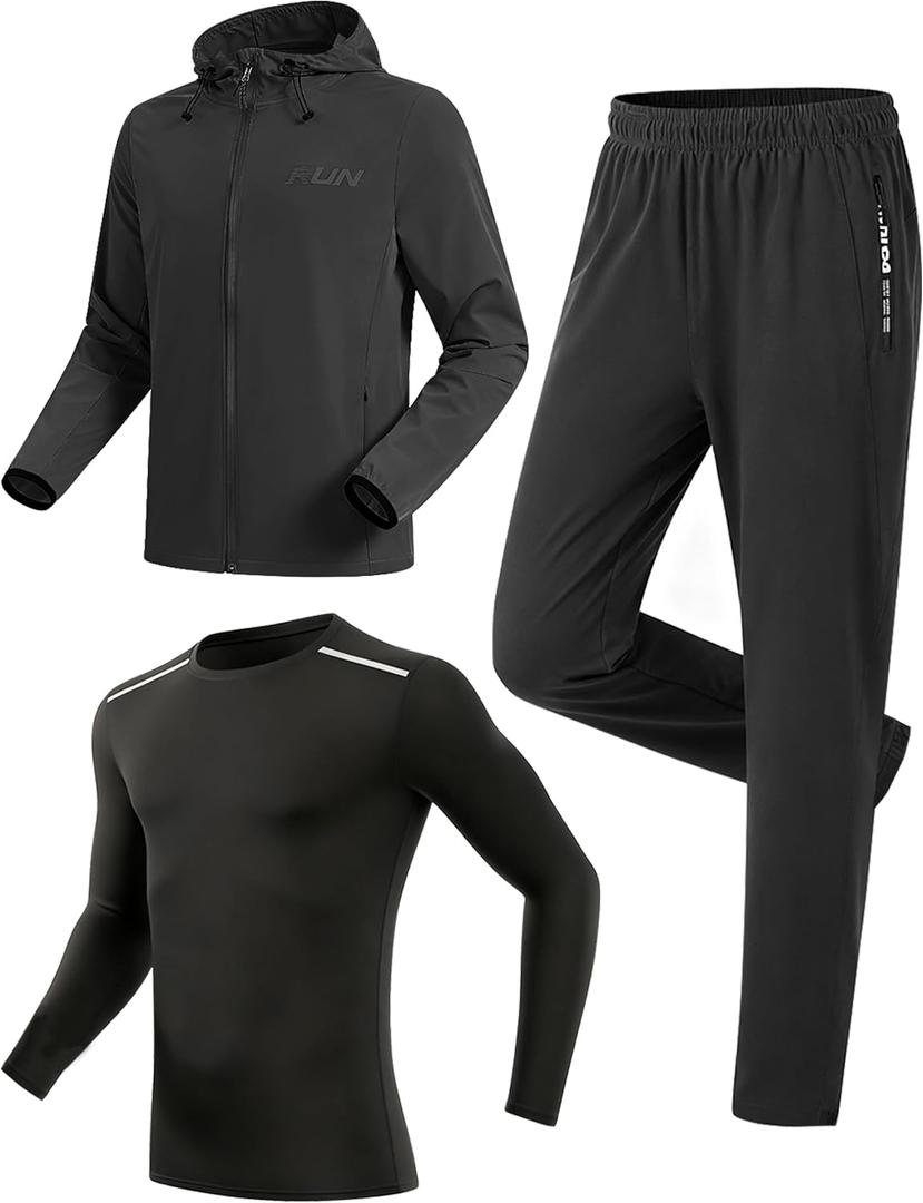 RPOVIG Men's Tracksuit Sweatsuits 3 Piece Windproof Jacket Long-Sleeve T-Shirts Pants Athletic Hiking Camping Jogger Outfits Small