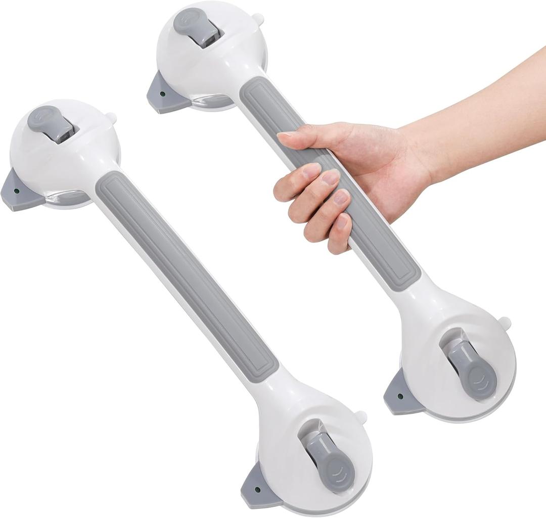 16.5 Inch Shower Handles for Elderly Suction Heavy Duty 300 Lbs (2 Pack), Safety Grab Bars for Shower with Indicators, Removable Shower Handrails for Seniors, Elderly, Handicap, No Drilling (Gray)