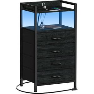 Furnulem Night Stand with Charging Station, Black Nightstand with Drawers and Led Light, Tall Dresser for Bedroom, Bedside Table with Fabric Storage Bins, Metal Frame, Wood Furniture, With Socket and Light