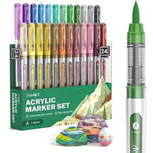 JusArt Acrylic Paint Markers Brush Tip 24 Colors, Water-Based No-Bleed Markers with Automatic Ink Control, Waterproof Acrylic Paint Pens for DIY Art & Crafts -Fabric, Wood, Rock, Ceramic, Metal