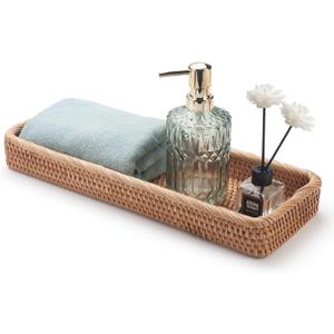 Rattan Bathroom Vanity Tray, Toilet Tank Basket Tray for Paper Hand Towel, Bathroom Counter Tray for Organizing and Decor (Natural, 16.3" x 6.1" x 2")