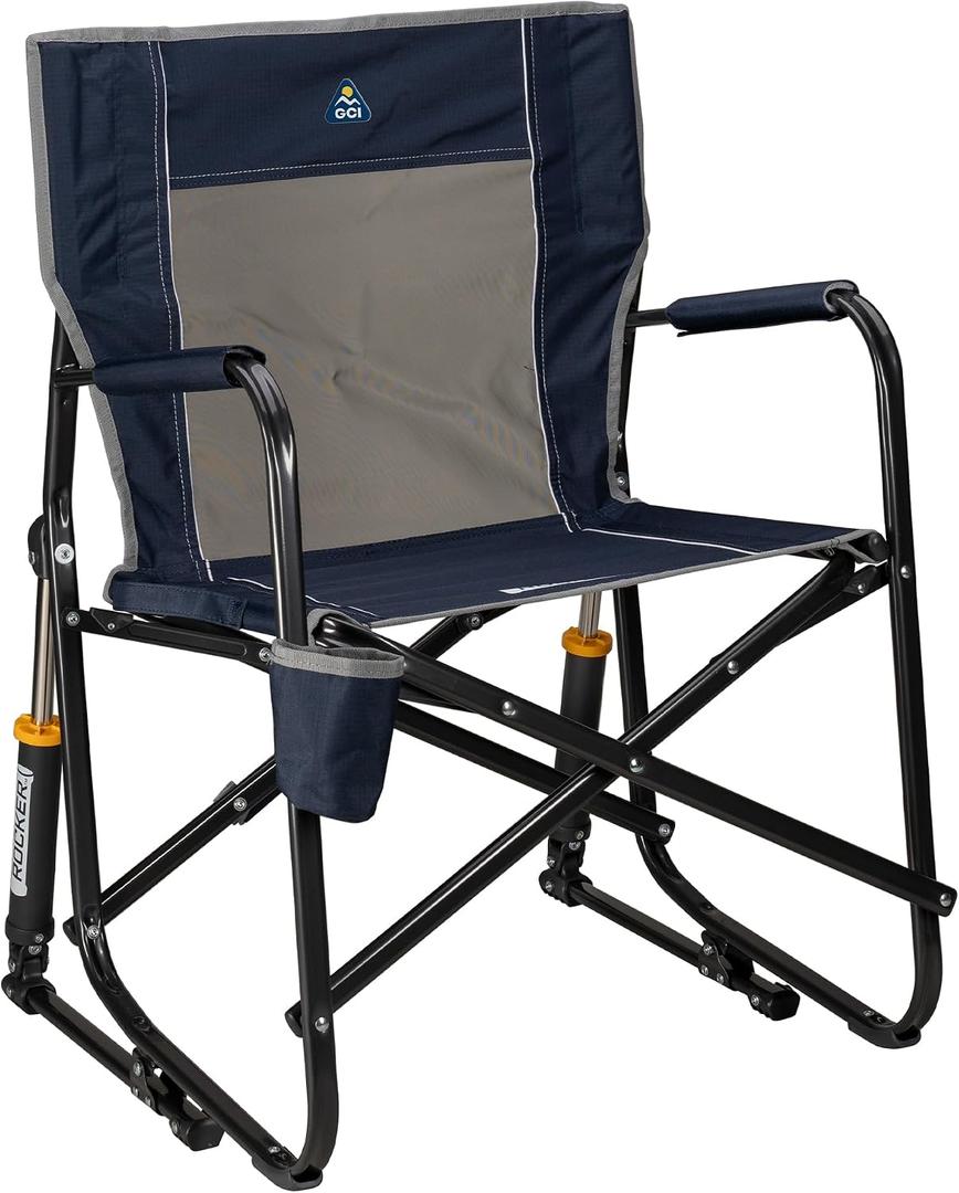 GCI OUTDOOR Freestyle Rocker Camping Chair | Portable Folding Rocking Chair with Solid, Durable Armrests, Drink Holder & Comfortable Backrest — Indigo Blue