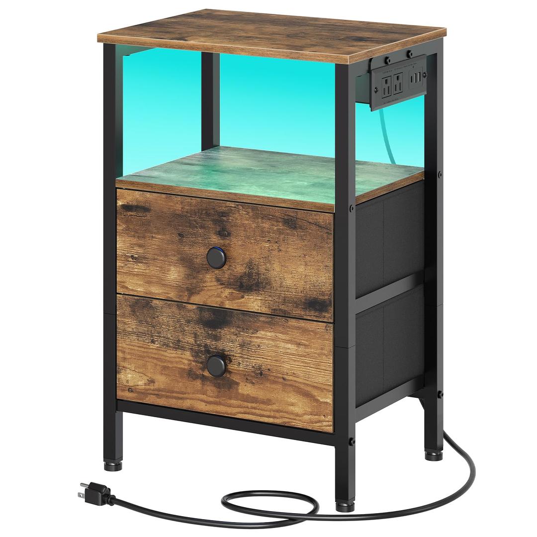 Yatiney Table with LED Light and Charging Station Type USB, 2 Drawers, Brown