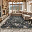 Black Boho Rug for Living Room 9x12 - Washable Dining Room Rugs for Under Table, Vintage Soft Low Pile Carpet for Bedroom, Non-Slip Farmhouse Bohemian Large Tumble Rug for High Traffic Area