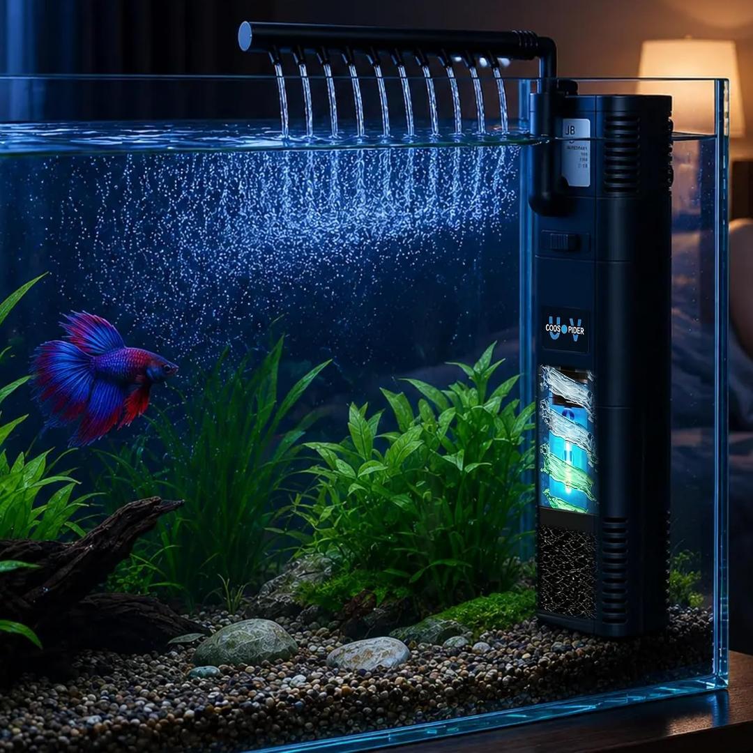 TARARIUM Small Aquarium Filter U-V for 10-30 Gallon Tank,118GPH Fish Tank Filters for Betta Fish Tank Green Clean Machine, Internal Pump Filter for Turtle Tank Saltwater Freshwater Crystal Clear | Adjustable flow rate