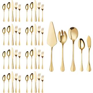 Gold Silverware Flatware Set, HF HOFTEN 45-Piece Stainless Steel Durable Cutlery Serving Set, Service for 8, Modern Elegant Design for Home/Hotel/Restaurant, Mirror Polished & Dishwasher Safe