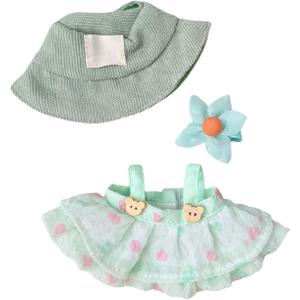 Doll Clothes Outfits, 3-Pieces Clothes Set Accessories for 17cm Dolls Outfit - Fashion Costume Doll Accessories for Decoration + Cute Dress+Bucket Hat+Detachable Fabric Flower(No Doll)(Green)