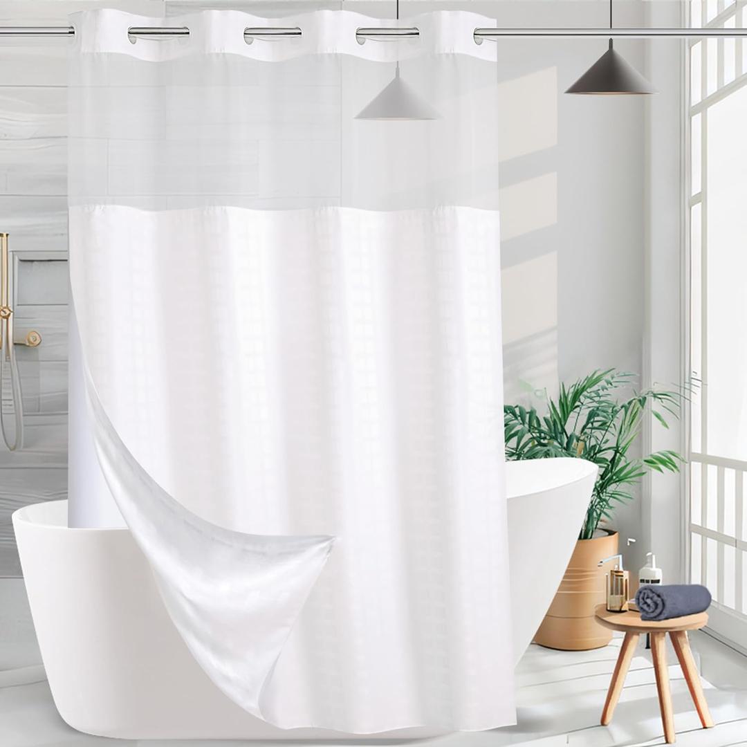 Hotel Fabric Stall Shower Curtain Machine Washable with Snap in Removable Liner Shower Curtain for Bathroom Bathtubs Spa(White,54" (W) X74 (H))