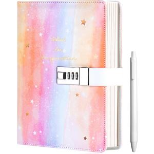 CAGIE Diary with Lock for Girls Age 8-12,Birthday Gifts for 9 10 11 12 Year Old Girls, Tie Dye Design 192 Pages Diary with Pen, 5.7 x 8.5 Inch Journal with Lock for Women Girl (Orange)