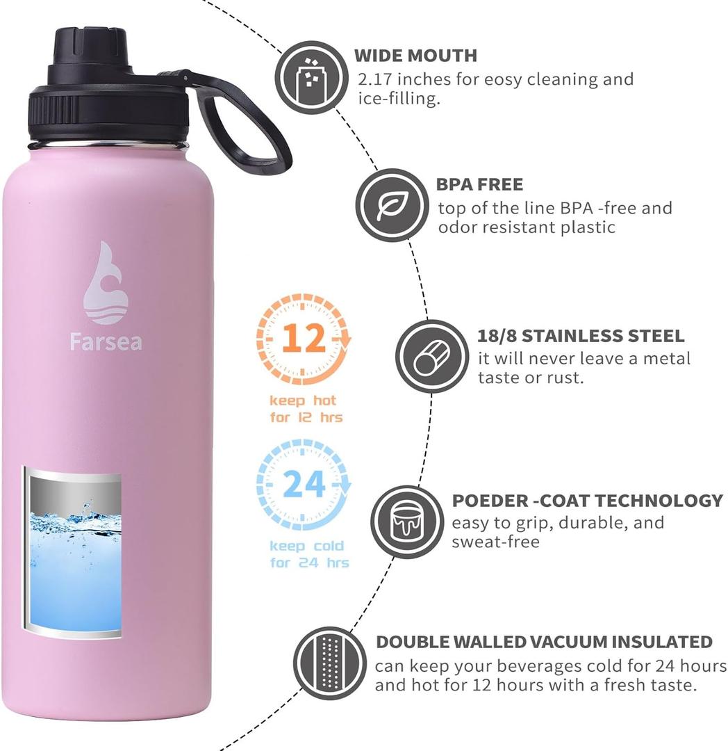 Farsea Insulated Water Bottle With Paracord Handle, Protective Boot and 2 Lids (Straw Lid & Spout Lid), Stainless Steel Water Bottle Wide Mouth, Double Wall Sweat-Proof BPA-Free, 32 oz (Pink)