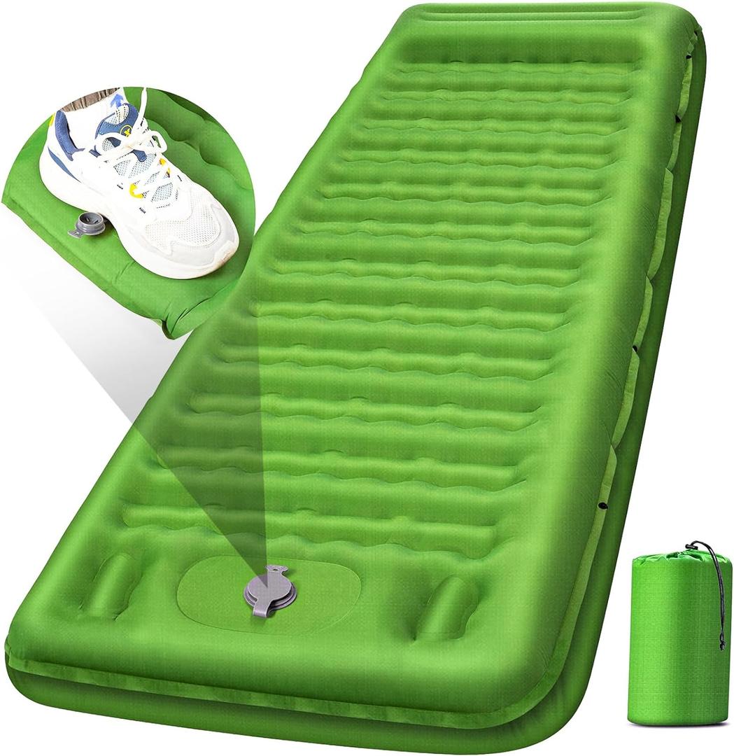 Camping Sleeping Pad, Extra Thick 5 Inch Camping Mat with Pillow Built-in Foot Pump Inflatable Sleeping Pads Compact for Camping Backpacking Hiking Traveling Tent Green