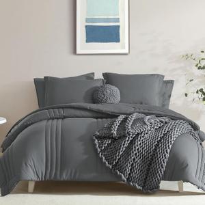 Monbix California King Size Comforter Set - 7 Pieces Bed in a Bag California King, Grey Bedding Sets with Comforter, All Seasons Comforter Bed Set with Sheets, Pillowcases & Shams, Bright Grey
