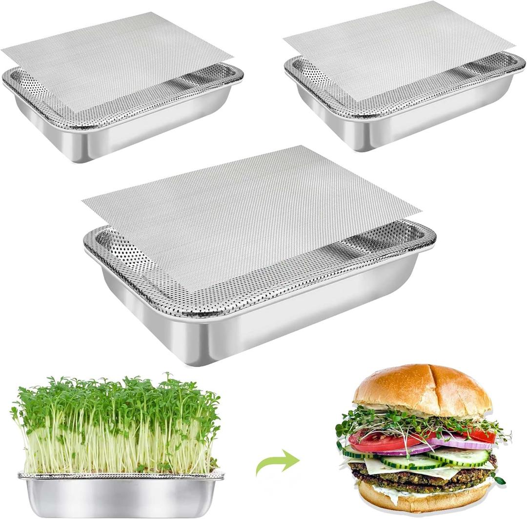 Stainless Steel Sprouts Growing Kit 3-Tier 10.4 inch, Microgreens Growing Kit, Seed Sprouting Tray with Encrypted Mesh for Beans Alfalfa Broccoli Seeds Wheat Grass (Silver)