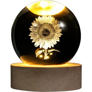 3D Laser Etched Sunflower Crystal Ball, Sunflower Decor Glass Sphere Lamp Night Light, Crystal Flower Figurines Collectibles Gifts for Mom Women Girls