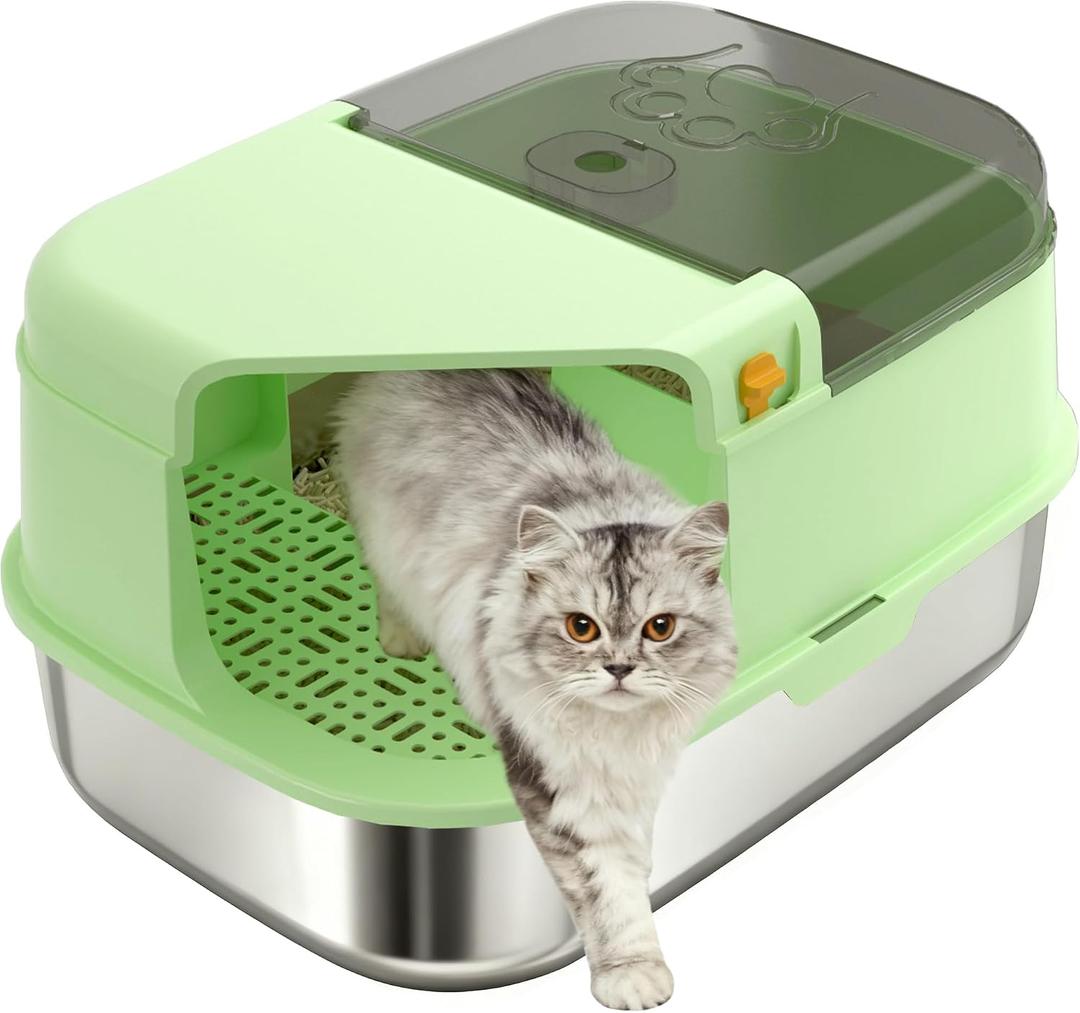 3-in-1 Convertible Cat Litter Box, ABS + Stainless Steel Pan, Enclosed Low Entry High Sided Box with Litter Trapping Grid, 23.1x16.93x14.1 Inch, for Senior Kittens & Large Cats（Green）