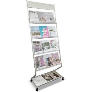 tongmo Floor-Standing Magazine Rack 4-Layer with Wheels, Brochure Display Stand, High-hardness metal for Exhibitions, Office, and Any Organization Requiring Information Display (White)