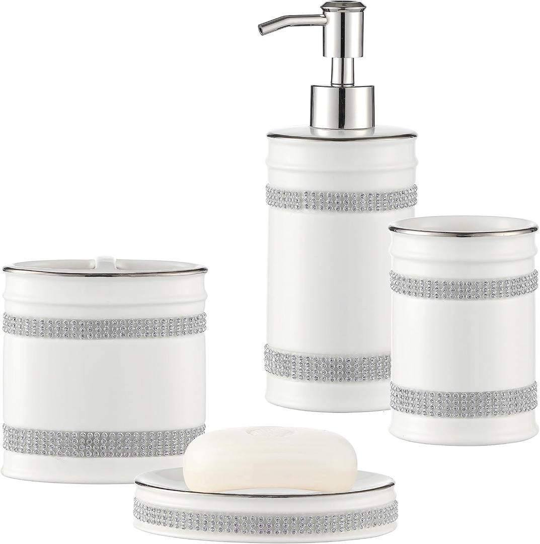 Bathroom Accessories Set, 4-Piece Ceramic Bath Accessory Complete Set with Lotion Dispenser/Soap Pump, Tumbler, Soap Dish and Toothbrush Holder (Rhinestones, White)